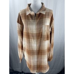 BKE Women's Boyfriend Fit Plaid Zip Up Long Sleeve Top Medium NWT